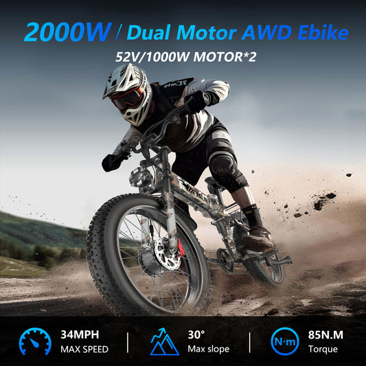 SUNTIBYE ARES Electric Mountain Bike for Adults, Dual Motor AWD Peak 3000W Ebike 52V 25Ah 34MPH UL2849