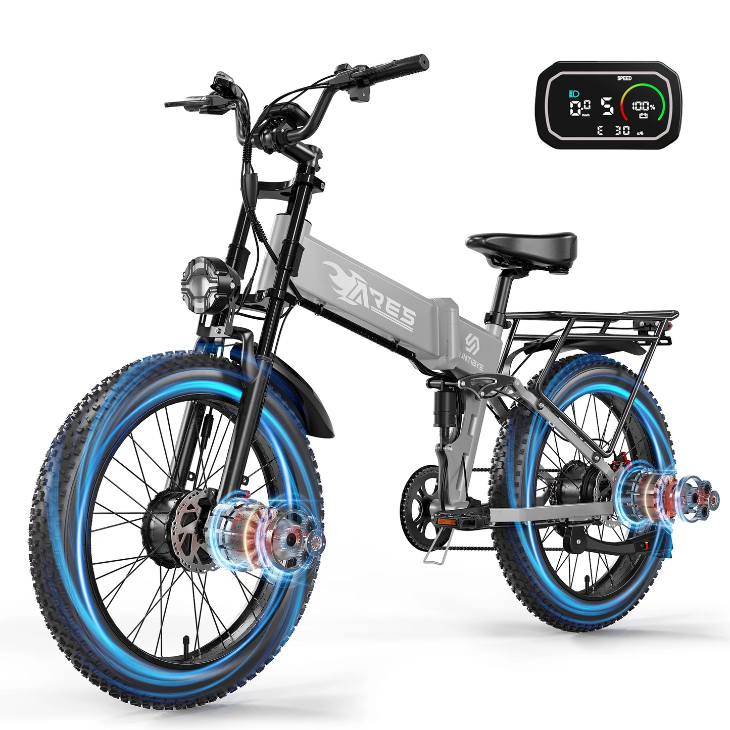 SUNTIBYE Ares Folding Electric Bike for Adults , Dual Motor Peak 3000W E-Mountain Bike 24”Ebike 34MPH 52V 25AH UL2849
