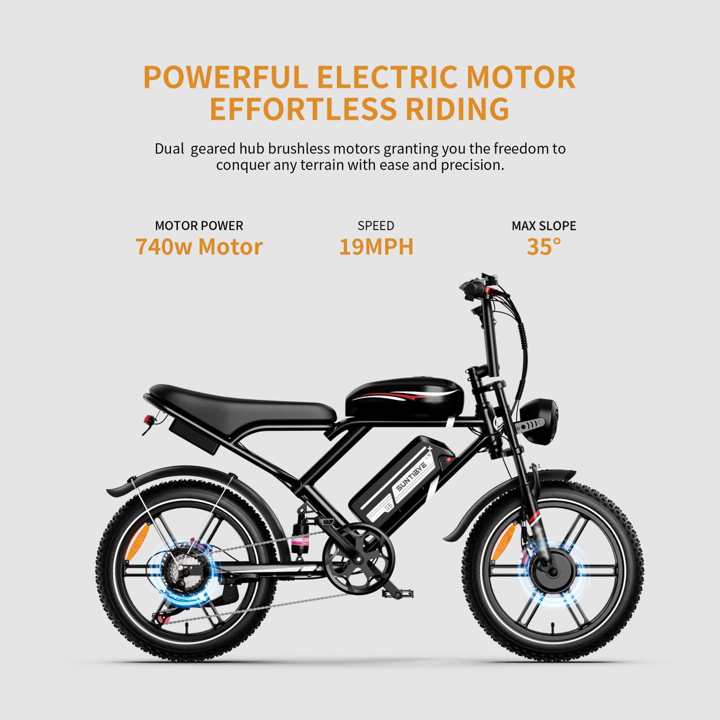 SUNTIBYE S6 Electric Bike for Adults, 20" Fat Tire E-Mountain Bicycle, Peak 3000W Dual Motor 52V 50AH 7-Speed Ebike UL2849