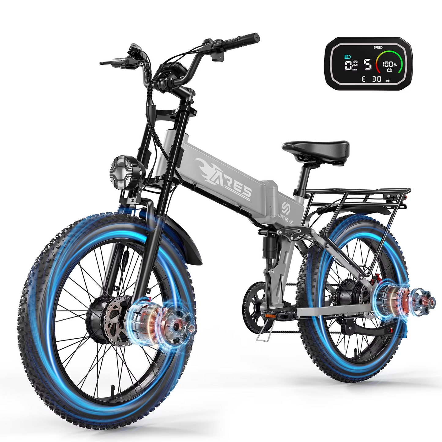 SUNTIBYE Ares Folding Ebike for Adults, 24" Fat Tires Electric Mountain Bike Dual Motor Peak 3000W, 34MPH 65Miles 52V 25AH UL2849