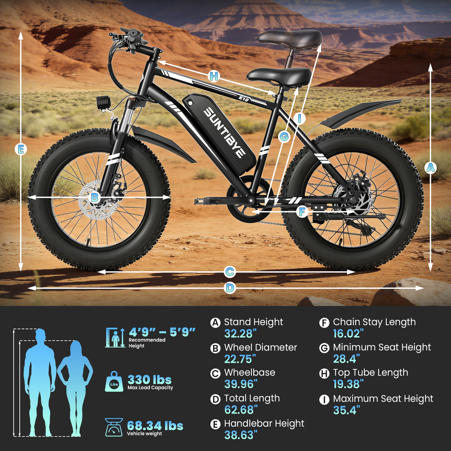 SUNTIBYE Electric Bike for Teens & Adults, 20" Fat Tire Mountain Bike, 48V 15Ah, 1000W Motor, UL2849, Blue