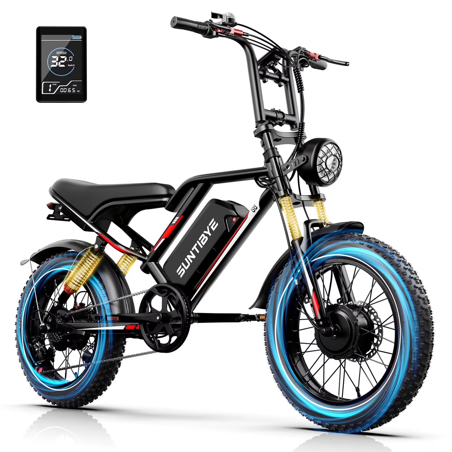 SUNTIBYE S8 Fat Tire Electric Bike 20", 3000W Dual Motor E-Mountain Bike for Adults, 32MPH 7-Speed Ebike,48V 25AH UL2849, Black